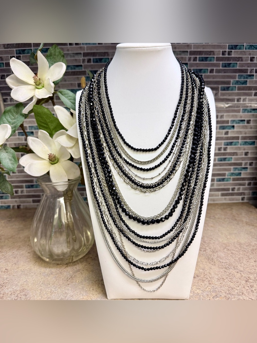 Cascading Multistrand Layered Black Bead & Silver Chains Statement Necklace
